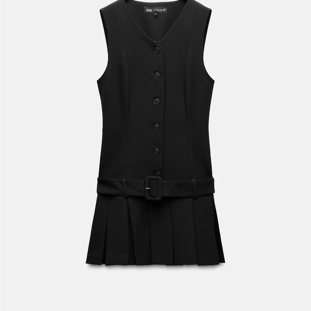 Zara Black Sleeveless Button-Front Belted Pleated Dress